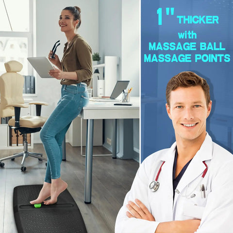 Person using One Inch Thick Anti Fatigue Kitchen And Standing Desk Mat With Massage Ball And Massage Points Non Slip All Day Comfy Floor Mat For Feet Office And Home Black 17 By 28 By 1 Inches in an office setting, with a doctor image in the corner