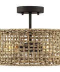 Boho Rattan Drum Ceiling Light With Black Canopy, Two-Light 12 Inch Semi Flush Mount Fixture For Hallway Bedroom Kitchen Entryway