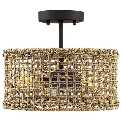 Boho Rattan Drum Ceiling Light With Black Canopy, Two-Light 12 Inch Semi Flush Mount Fixture For Hallway Bedroom Kitchen Entryway