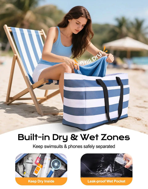 Beach Bag With Detachable Cooler, 54L Large Capacity Waterproof And Sandproof Duffle Tote For Women on beach chair