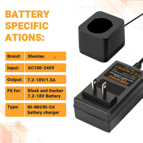 Portable 7.2V To 18V Battery Charger For Black And Decker PS120 PS130 PS140 Ni-MH Ni-Cd Pod Style Batteries, charger plug