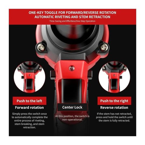 Cordless Rivet Gun Kit With Two Batteries, Brushless Blind Riveter Tool showing toggle switch for rotation and lock features.