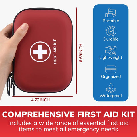 First aid kit, red portable hard case, water-resistant, 6.69in tall by 4.72in wide