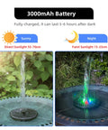 Solar Powered Fountain Pump For Bird Bath And Garden Ponds With Upgraded Glass Panel, 7 Nozzles, showing day and night use