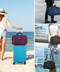 Collage of an Under Seat Carry On Duffel Bag For Travel Lightweight Weekender Personal Item For Airplanes in various settings.