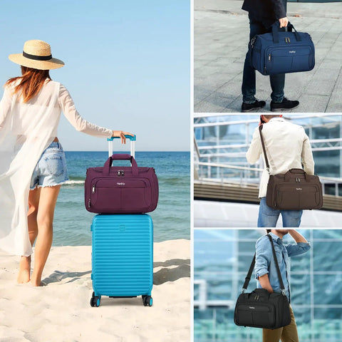 Collage of an Under Seat Carry On Duffel Bag For Travel Lightweight Weekender Personal Item For Airplanes in various settings.
