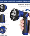Heavy Duty Metal Hose Nozzle With 8 Spray Patterns High Pressure Water Sprayer showing thumb control and metal construction