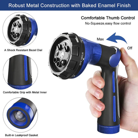 Heavy Duty Metal Hose Nozzle With 8 Spray Patterns High Pressure Water Sprayer showing thumb control and metal construction