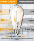 4 Pack Vintage Edison Style LED Light Bulbs ST64 8W 100W Equivalent 1400 Lumens 2700K Warm White E26 Base Non Dimmable CRI 90