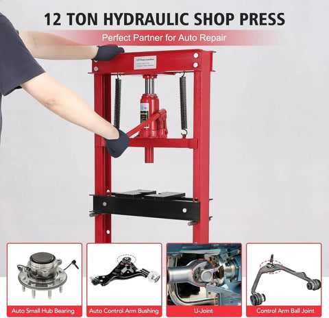 12 Ton Hydraulic Shop Press H Frame With Movable Plates And Adjustable Height Heavy Duty Bearing And Bushing Press in use