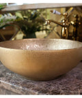 Top Shelf Hand Painted Countertop Sink With Vintage Gold Wash, Heavy Duty Ceramic Art Basin For Above Counter Mount, close-up view.