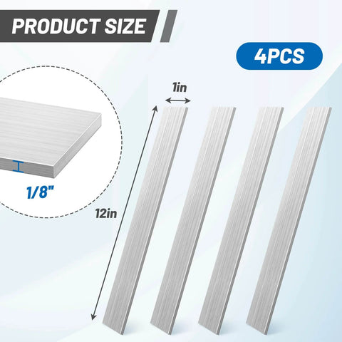 304 Stainless Steel Flat Bar 4 Piece Set, One Eighth Inch Thick, One Inch Wide, Twelve Inch Length, Brushed Rectangular Metal Bars