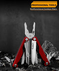 15-In-1 Spring Loaded Multitool Pliers with red handles, including needle nose pliers, wire cutter, and saw, on rocky surface