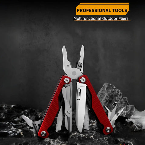 15-In-1 Spring Loaded Multitool Pliers with red handles, including needle nose pliers, wire cutter, and saw, on rocky surface