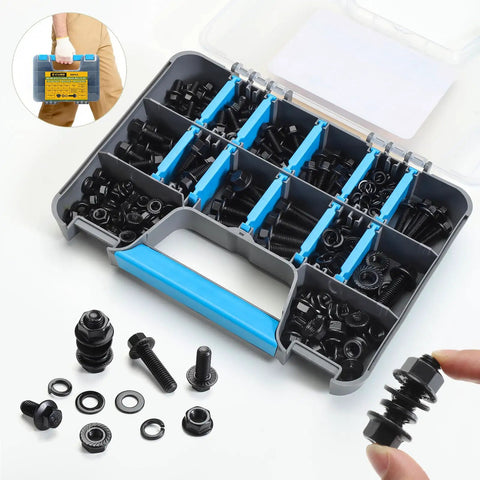 Metric Flange Bolt Kit 296Pcs M6x1.0 M8x1.25 M10x1.5 in case with bolts, nuts, washers displayed, carrying case inset