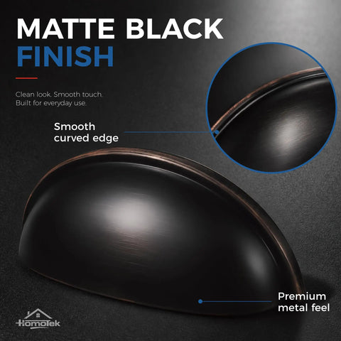Slick Oil Rubbed Bronze Cup Pulls For Kitchen Cabinets And Drawers 3 Inch Hole Centers 15 Pack, matte black finish with smooth curved edge.