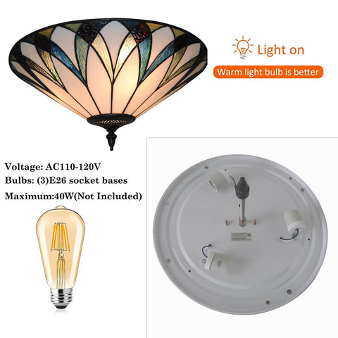 Vintage Stained Glass Ceiling Light 18-Inch Flush Mount Fixture With Bowl Shade shown lit above bulb specifications.