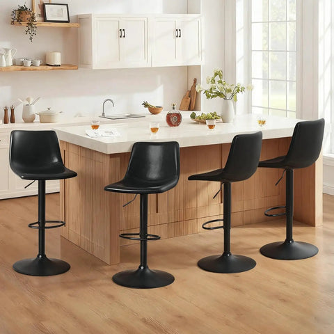 Modern Adjustable Counter Height Swivel Bar Stools Set Of 4 With Backrest Faux Leather Upholstery Black for Kitchen Island