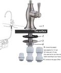 Lead-Free Stainless Steel Water Filter Faucet For Under Sink Filtration System, brushed nickel finish, installation diagram