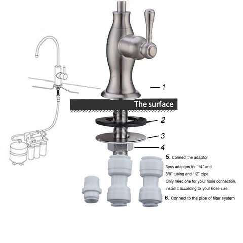 Lead-Free Stainless Steel Water Filter Faucet For Under Sink Filtration System, brushed nickel finish, installation diagram