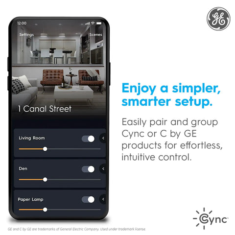 Smartphone app interface showing grouped devices for Cync Dimmer Smart Switch Wire Free With Bluetooth Control And White Tones