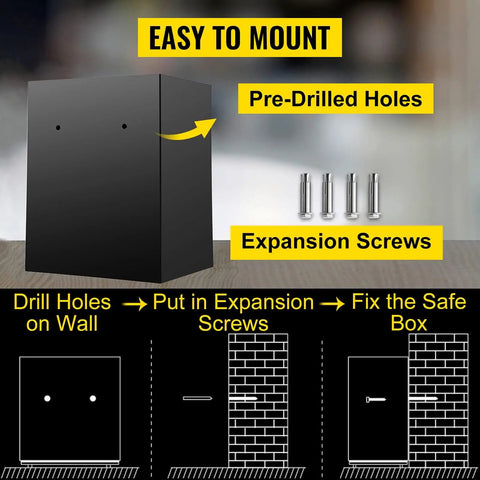 Depository Safe 1.7 Cubic Feet Carbon Steel With Electronic Code Lock, Deposit Slot, And Two Emergency Keys, Heavy Duty Security Safe for wall mounting with expansion screws and pre-drilled holes shown.