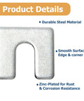 Close-up of zinc-plated steel shim from 40 Piece Auto Body Fender Alignment Shim Kit For Precise Fender Gap And Panel Fit Includes One Sixteenth And One Eighth Inch Thick Shims One And One Quarter Inch Wide With Three Eighth Inch Slot For DIYers Auto Body Realignment, showing smooth surface detail.