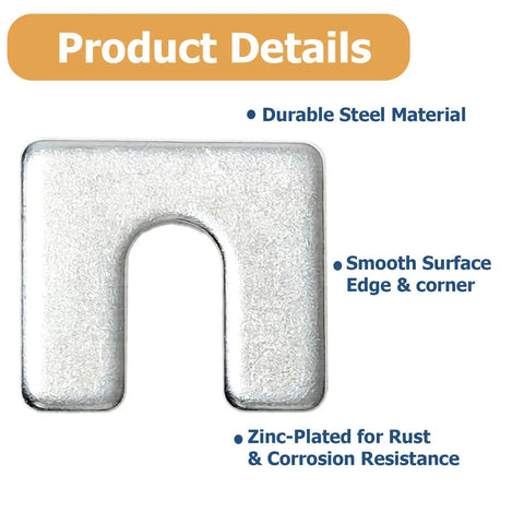 Close-up of zinc-plated steel shim from 40 Piece Auto Body Fender Alignment Shim Kit For Precise Fender Gap And Panel Fit Includes One Sixteenth And One Eighth Inch Thick Shims One And One Quarter Inch Wide With Three Eighth Inch Slot For DIYers Auto Body Realignment, showing smooth surface detail.