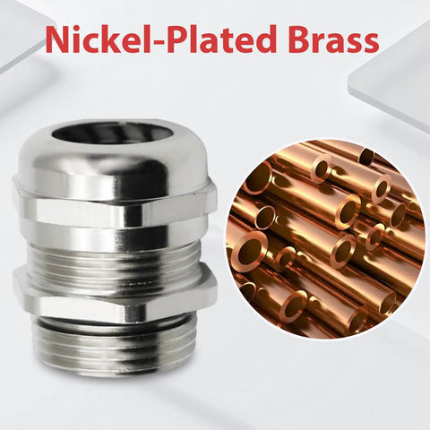 Beefy Copper Cable Glands Set Of 4, Half Inch NPT Adjustable Sealing Grommets, close-up view of nickel-plated brass gland