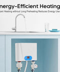 Instant Hot Water Heater Tankless 5.5Kw Electric On Demand Unit Featuring Touchscreen Control And Rust Proof Stainless Steel Body under kitchen sink.