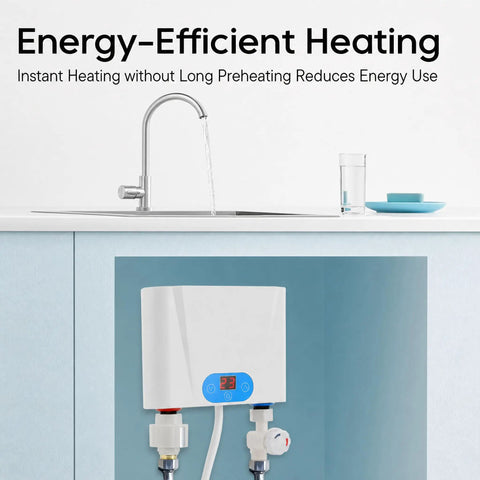 Instant Hot Water Heater Tankless 5.5Kw Electric On Demand Unit Featuring Touchscreen Control And Rust Proof Stainless Steel Body under kitchen sink.