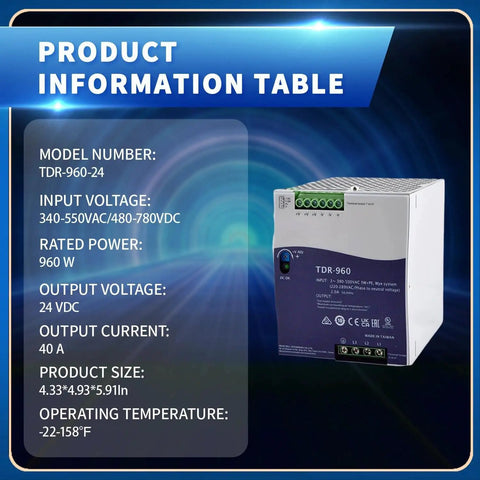 Heavy Duty 960 Watt 24 Volt 40 Amp Industrial Din Rail Power Supply Featuring Active Pfc And Smooth Three Phase 340 To 550 Vac Input