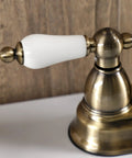 Antique Brass 4-Inch Centerset Bathroom Faucet Deck Mount 3-Hole Setup with Drip-Free Washerless Cartridge handle detail