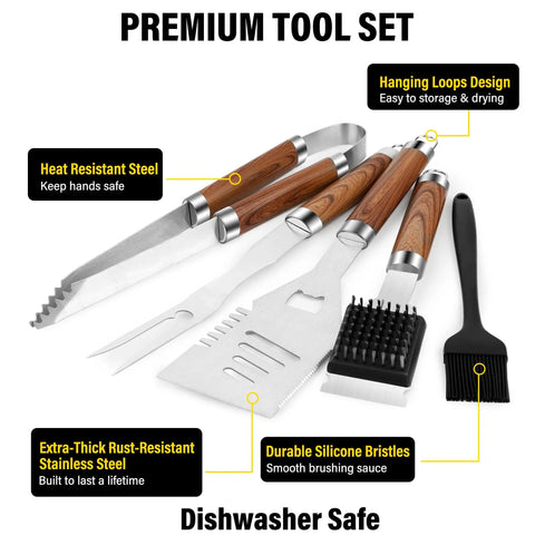 Complete 5 Piece BBQ Grill Tool Set With Spatula Fork Tongs Basting Brush And Cleaning Brush For Outdoor Grilling Durable Wood Handle Utensils Gift For Men Dad Him, displayed with labels of heat resistant steel, durable silicone bristles, and hanging loops.