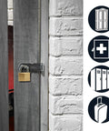 Two And Three Eighths Inch Solid Brass Padlock With Five Pin Tumbler And One And One Eighth Inch Shackle Diameter Eleven Thirty Second Inch Shackle Keyed Padlock Compatible With K150BOX And Alco MIZ Blanks securing a wooden door, close-up.
