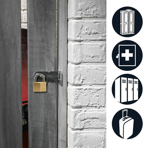 Two And Three Eighths Inch Solid Brass Padlock With Five Pin Tumbler And One And One Eighth Inch Shackle Diameter Eleven Thirty Second Inch Shackle Keyed Padlock Compatible With K150BOX And Alco MIZ Blanks securing a wooden door, close-up.