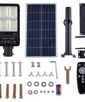 Super Bright 300W Solar Street Flood Light For Outdoor Use, Dusk To Dawn Solar Light With Remote, 6500K, components laid out.