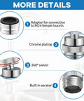 Sink Faucet To Garden Hose Adapter With 360 Degree Swivel Ball Joint And Aerator, Chrome Finish, Three Quarter Inch GHT Thread, Kitchen And Bathroom Water Hose Connector For Flexible, Anti Kink Watering And Easy Hose Direction. Chrome adapter with M24 female faucet connection, 360° swivel, and built-in aerator.