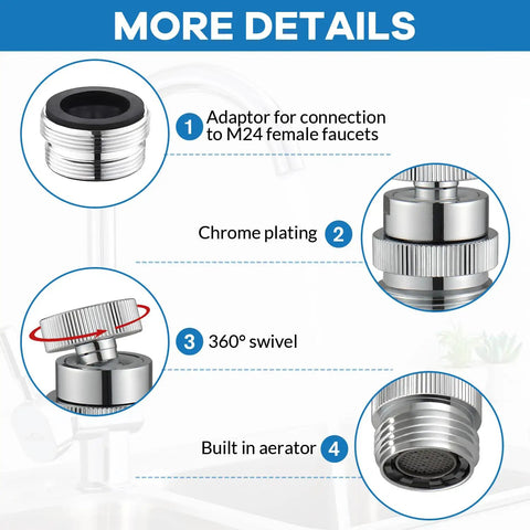 Sink Faucet To Garden Hose Adapter With 360 Degree Swivel Ball Joint And Aerator, Chrome Finish, Three Quarter Inch GHT Thread, Kitchen And Bathroom Water Hose Connector For Flexible, Anti Kink Watering And Easy Hose Direction. Chrome adapter with M24 female faucet connection, 360° swivel, and built-in aerator.