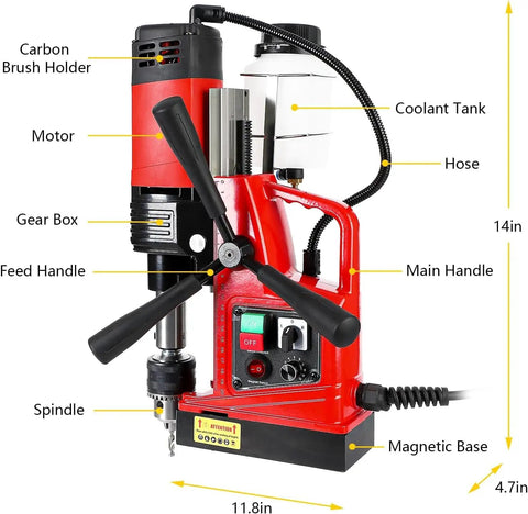 Heavy Duty Magnetic Drill Press 110V With Power Cord, showing motor, feed handle, and magnetic base for steel and iron jobs.