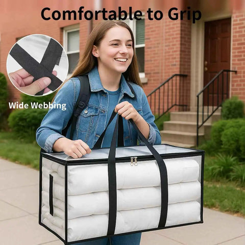 Woman carrying 6 Pack Extra Large Heavy Duty Moving Bags Set Waterproof Storage Totes With Handles And Zippers Foldable for college dorm