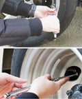 ATsafepro pen-style tire pressure gauge (dual head, up to 150 PSI) in use on a truck tire; pack of 2