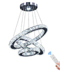 Dimmable LED Three-Ring Chandelier With Crystal Accents And Stainless Steel Pendant Light, adjustable with remote, close-up view