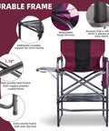 Bar Height Director Chair With Side Table 400 Lb Capacity Portable Folding Chair For Makeup Artists And Outdoor Events Cup Holder And Detachable Footrest Wine Red And Black, showing durable frame and detachable armrest.