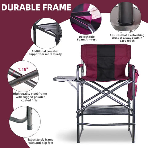 Bar Height Director Chair With Side Table 400 Lb Capacity Portable Folding Chair For Makeup Artists And Outdoor Events Cup Holder And Detachable Footrest Wine Red And Black, showing durable frame and detachable armrest.