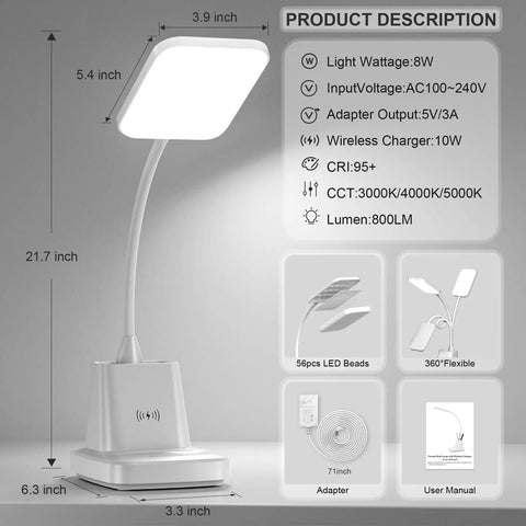 Desk Lamp With Wireless Charger For Home Office, LED Eye Caring Light With 10W Qi Pad, CRI 90, touch lamp and pen holder, white