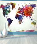 Colorful watercolor world map tapestry in classroom setting, lightweight polyester, Watercolor World Map Tapestry For Home And Classroom