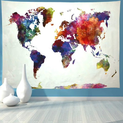 Colorful watercolor world map tapestry in classroom setting, lightweight polyester, Watercolor World Map Tapestry For Home And Classroom