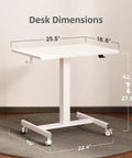 Mobile Standing Desk With Wheels For The Home Office Compact Rolling Workstation With Lockable Front Casters Pneumatic Height Adjustable Laptop Desk White 25.5x18.8 inches, height 27.9-42.1 inches, on rug.