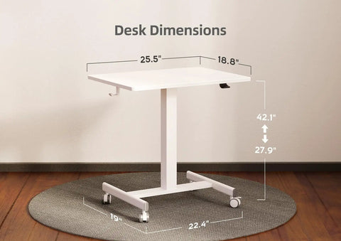Mobile Standing Desk With Wheels For The Home Office Compact Rolling Workstation With Lockable Front Casters Pneumatic Height Adjustable Laptop Desk White 25.5x18.8 inches, height 27.9-42.1 inches, on rug.